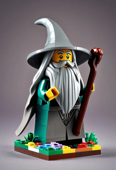 novuschroma53 style a handmade, cartoon, statue of a lego gandalf, in the Shire, full body, isometric, top down, game asset, handmade, game icon, cartoon