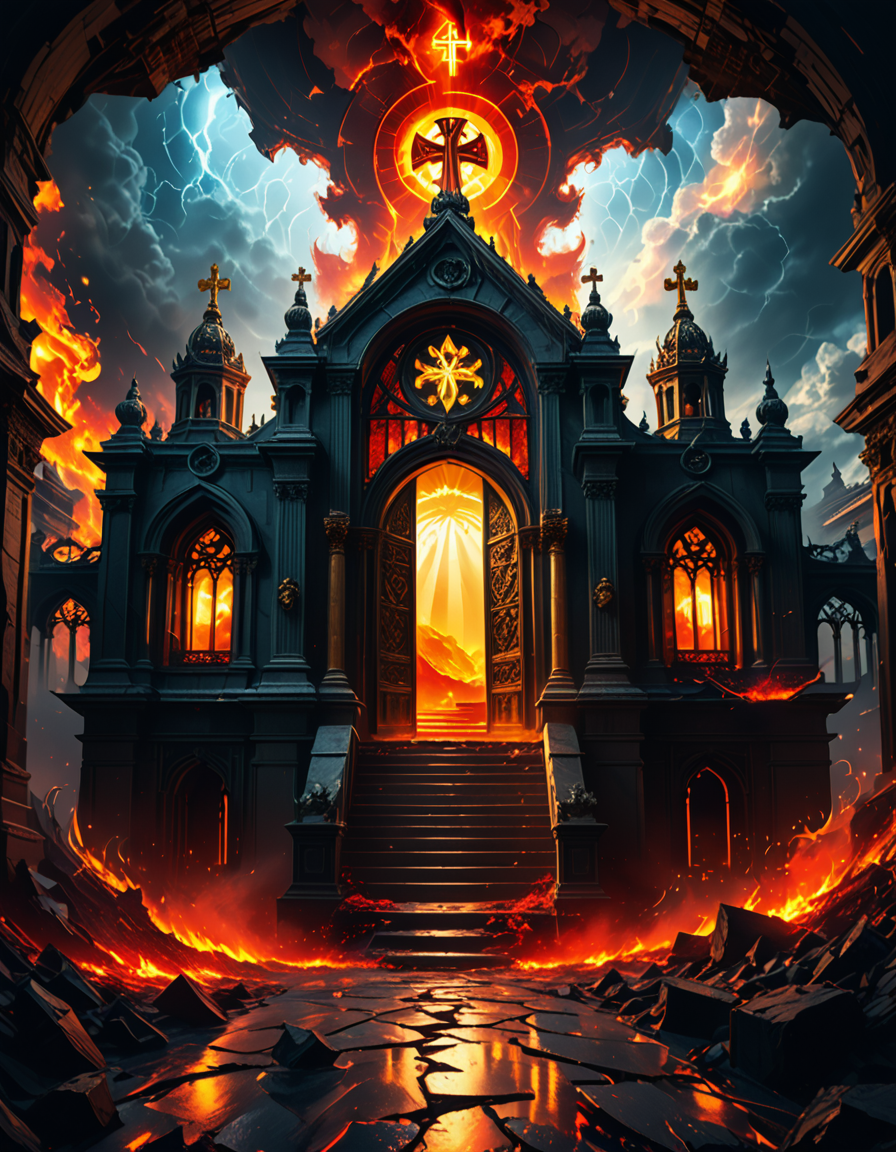 A once-majestic celestial temple, now under siege by the forces of Hell. The grand white stone structure is cracked and scorched, its golden crosses twisted and broken. The stained-glass windows, once glowing with warm divine light, are now shattered, with demonic symbols glowing ominously in their place. The sky, once a serene blue, is now consumed by dark storm clouds, swirling with red lightning and thick smoke.
Black, jagged chains extend from the sky, wrapping around the temple as if trying to pull it down into the abyss. The once-fluffy clouds beneath the structure are now a chaotic mix of fire, ash, and dark mist, with glimpses of molten lava cracks below. Infernal creatures with glowing red eyes lurk in the shadows, their silhouettes barely visible through the smoke and fire.
The temple doors are blown open, revealing an eerie red glow emanating from within, as if Hell itself is consuming the sacred space. Massive demonic runes are etched into the stone, pulsating with an unholy energy. The entire scene is bathed in a deep crimson and orange glow, giving it an apocalyptic and nightmarish atmosphere.
Style & Lighting:
- Dark fantasy, highly detailed
- Dramatic, high-contrast lighting with fiery glows
- Cinematic composition, epic scale
- Strong use of shadows, embers, and atmospheric foghighly detailed and atmospheric view from inside a massive birdcage, large enough for a human to stand inside. The cage is made of ornate, aged metal bars with intricate Victorian-style patterns, curving elegantly towards the domed ceiling. Sunlight filters through the gaps between the bars, casting long, dramatic shadows on the wooden floor. Delicate vines and small flowers have begun to grow around the bars, adding a touch of nature reclaiming the space. The background beyond the cage is blurred, hinting at a lush garden or a mysterious, abandoned mansion. The ambiance is serene yet slightly melancholic, with warm golden light illuminating dust particles floating in the air. Soft feathers are scattered on the floor, adding to the sense of quiet abandonment. The perspective makes the viewer feel as if they are inside the cage, looking outward, surrounded by both beauty and confinement. The style is highly detailed and realistic, with a cinematic and slightly surreal atmosphere.
<lora:SDXLFaeTastic2400:0.4> <lora:extremely_detailed:0.4> extremely detailed,evil celestial t3mpl3, <lora:evil_celestial_t3mpl3-p:1>, Masterpiece,best quality,hi res,8k,hi res,8k,award winning,(sharp focus, intricate, highly detailed),