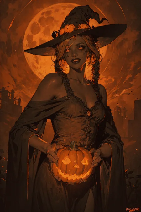 (realistic:1.3),haloween,spooky,cinematic lighting,atmospheric lighting,(flat color,colorful:1.3),spooky,
1girl,slender,small breast,passionate(orange theme:1.5),looking to viewer,bare shoulder,
surrounded by pumpkin,(pumpkin:1.3),(witch hat, witch cosplay),<lora:ReaLora:0.5>,laughing,(casting spell:1.2),(floating in air:1.2),spell cast,full moon,dynamic pose,gothic makeup,fire,