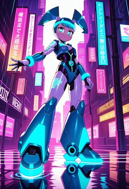 Jenny Wakeman, XJ-9, female, 1girl, solo, robot girl, red pigtails, neon-lit cyberpunk bodysuit, holographic racing stripes, glowing circuit tattoos, high-tech rollerblades, futuristic helmet with HUD, neon-soaked Tokyo highway at night, holographic billboards in kanji, rain-reflective asphalt, cyber traffic flying by, synthwave palette, 4K Unreal Engine render, cinematic lighting, reflective surfaces, vibrant neon glow