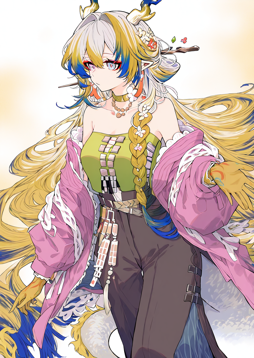 <lora:BebopSensen250208:1>,BebopSensen,<lora:shu_arknights_for_IL:1>,shu_\(spring_feast\)_\(arknights\),dragon horns,multicolored hair,dragon tail,pointy ears,multicolored eyes,streaked hair,side braid,hair stick,green choker,necklace,tassel earrings,hair flower,green tube top,wide pants,pink jacket,off shoulder,sandals,<lora:NOOB_vp1_detailer_by_volnovik_v1:1>,<lora:noobai_ep11_stabilizer_v0.138_fp16:1>,