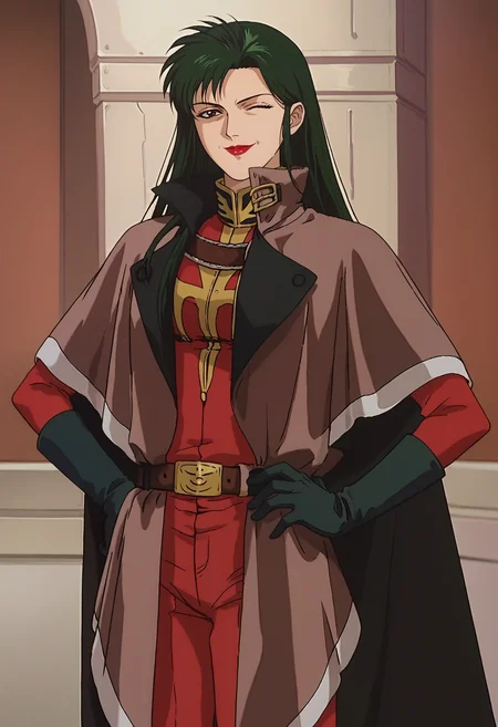 score_9, score_8_up, score_7_up, score_6_up, anime screencap, anime coloring,  <lora:CimaGarahau_epoch_7:0.7>, CimaGarahau, long hair, green hair, lipstick, black eyes,
cape, military uniform, black gloves, belt, red pants, black boots,
standing, looking at viewer, smile, upper body, hand on own hip, one eye closed,