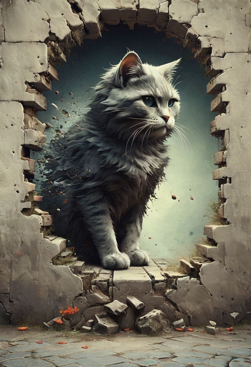 a powerful cat ripping the wall apart , wearing a communist soldiers hat, soviet style , <lora:Emergence:0.5>, <lora:Street_Art:0.6>, <lora:ral-dissolve:0.8>,  <lora:SDXL - Style - EldritchRomanceIllustration1.3.1:0.4>, <lora:- SDXL - vanta-black_contrast_V3.0:0.2> <lora:20240322-1711051399194:0.4>  <lora:SDXL - Style - pixel_art_3drender:0.7> <lora:Fantasy_Monsters_XL:0.2>   <lora:Futuristic_Retro_Vibes:0.4>