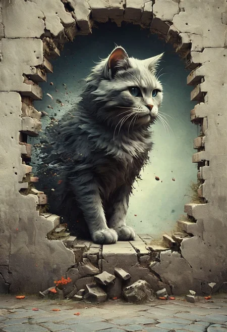 a powerful cat ripping the wall apart , wearing a communist soldiers hat, soviet style , <lora:Emergence:0.5>, <lora:Street_Art:0.6>, <lora:ral-dissolve:0.8>,  <lora:SDXL - Style - EldritchRomanceIllustration1.3.1:0.4>, <lora:- SDXL - vanta-black_contrast_V3.0:0.2> <lora:20240322-1711051399194:0.4>  <lora:SDXL - Style - pixel_art_3drender:0.7> <lora:Fantasy_Monsters_XL:0.2>   <lora:Futuristic_Retro_Vibes:0.4>