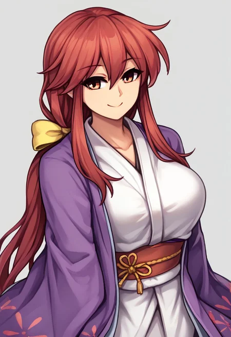 score_9, score_7_up, source_anime, source_cartoon, source_explicit, BREAK, absurdres, high quality, colorful, beautiful color, exquisite color design, aesthetic, illustration, kotohime (touhou), 1girl, mature female, beauty, long hair, red hair, red eyebrows, hair between eyes, bangs, sidelocks, low-tied long hair, tied hair, low ponytail, hair bow, hair ribbon, yellow bow, yellow ribbon, red eyes, purple coat, floral print, kimono, obi, wide sleeves, smile, simple background, breasts