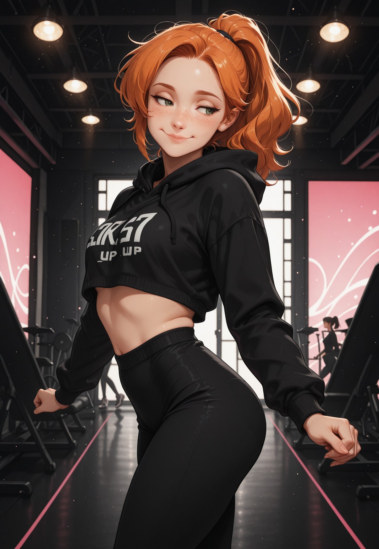 score_9, score_8_up, score_7_up, score_6_up, score_5_up, score_4_up, masterpiece, best quality, absurdres, 4k, 8k, intricate details, Chiaroscuro Lighting, cute, sexy,1girl, ginger, freckles, detailed eyes, HDeyes, perfecteyes, eyesHD, sexy eyes, bedroom eyes, expressiveH, smirk, foreshortening, side view, zicovergirl, standing, front view, looking at side, thoughtful look, pale white skin, hood, dancing, motion lines, twerk, indoors, dance studio, backlighting, neon black abstract background, light particles, glowing, dynamic pose, lazypos <lora:Zikickix_Cover_Girl:1>