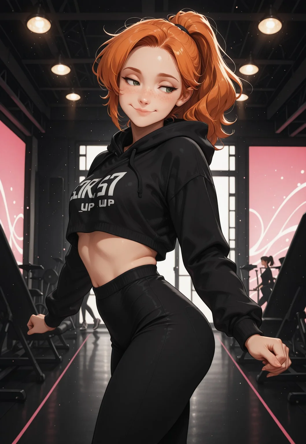 score_9, score_8_up, score_7_up, score_6_up, score_5_up, score_4_up, masterpiece, best quality, absurdres, 4k, 8k, intricate details, Chiaroscuro Lighting, cute, sexy,1girl, ginger, freckles, detailed eyes, HDeyes, perfecteyes, eyesHD, sexy eyes, bedroom eyes, expressiveH, smirk, foreshortening, side view, zicovergirl, standing, front view, looking at side, thoughtful look, pale white skin, hood, dancing, motion lines, twerk, indoors, dance studio, backlighting, neon black abstract background, light particles, glowing, dynamic pose, lazypos <lora:Zikickix_Cover_Girl:1>