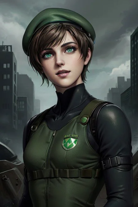 Manly Rebecca Chambers RE0, shorter and darker hair, younger, ((green police uniform), (green Bulletproof vest)  (Beret) sexy and cute smile, detailed face, attractive, perfect eyes, Well-drawn eyes, symmetrical eyes, perfect eyes, gray gren color eyes, (Apocalypse city background) (((Perfect shape of eyes))) (Breastssize:0) (Perfect eyes side) (Perfect eyes draw) (Rebecca Chambers gender swap) innocent gest, (Flat chest)