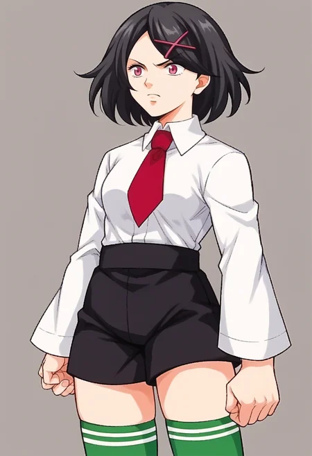 score_9, score_8_up, score_7_up, source_anime BREAK
<lora:zs_FE9PortraitsXL:1> fe9portraits, solo, cowboy shot, simple background, 1girl, female focus,
<lora:rcg_misako_ponyXL:1> rcgmisako, hairclip, x hair ornament, white shirt, red necktie, long sleeves, black shorts, green thighhighs