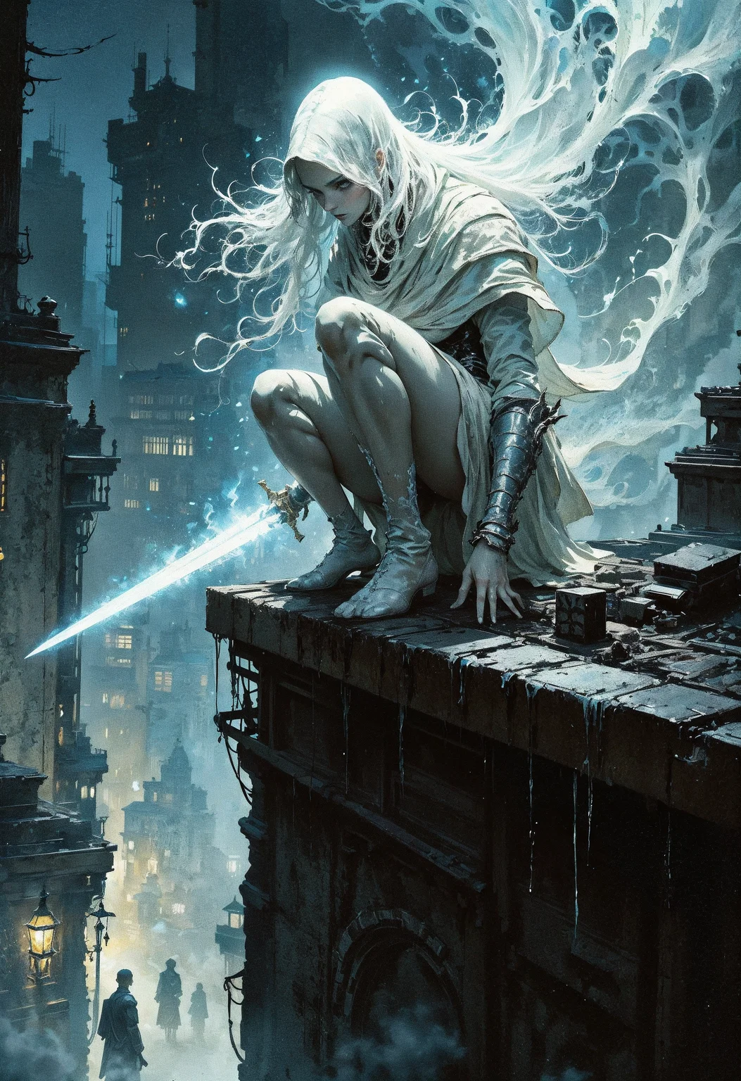 (in Krenz Cushart style:1.2), high-quality, masterpiece, A spectral assassin, crouched on the edge of a rooftop, her translucent form blending with the swirling fog, The mid-shot shows her gripping two glowing blades as she prepares to leap into action, The city streets below are dimly lit with flickering lanterns and shadows of distant figures moving through the mist, high contrast, dynamic lighting, low-angle shot, intense focus, (elaborate fine details:1.1), (elaborately detailed attire with extraordinary elements:1.1), (hyperdetailed:1.1), (intricate details:1.0), (Refined details:1.1), (best quality:1.1), (high resolution:1.2)