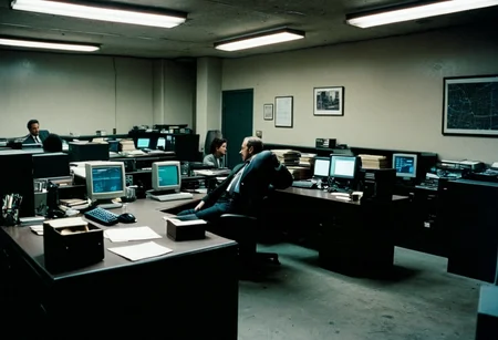 cinematic still photography, police station, downtown LA, gritty atmosphere, worn desks, flickering fluorescent lights, busy detectives, cinematic framing, medium shot, wide lens, cinematography inspired by Dante Spinotti, direction inspired by Michael Mann, 1990s crime drama. Hollywood action movie film style,  <lora:Hollywood action movie film style:0.85>