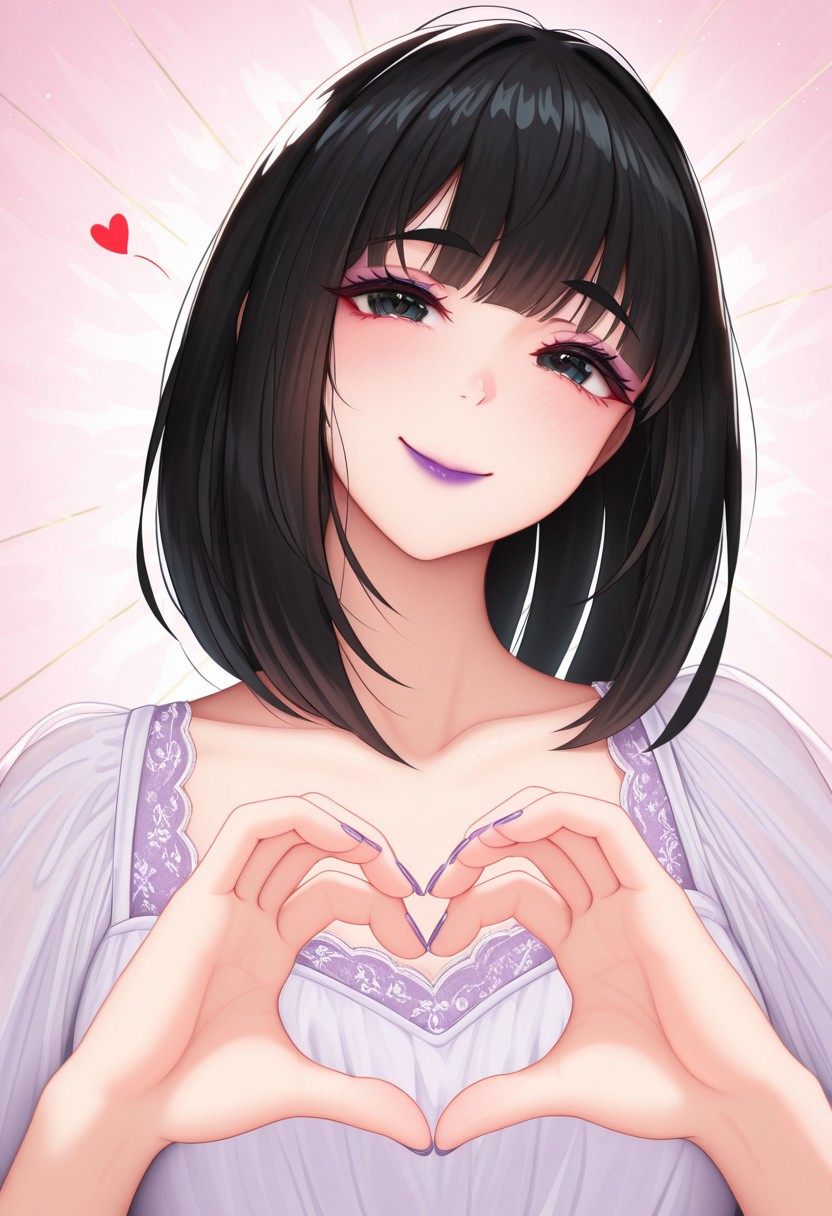 1girl, solo, medium build, medium hair, sfw, safe for work, covered skin, flowy dress,  black eyes, purple lipgloss, smiling, portrait, upper body, heart hands, foreshortening, detailed, newest, nekoda