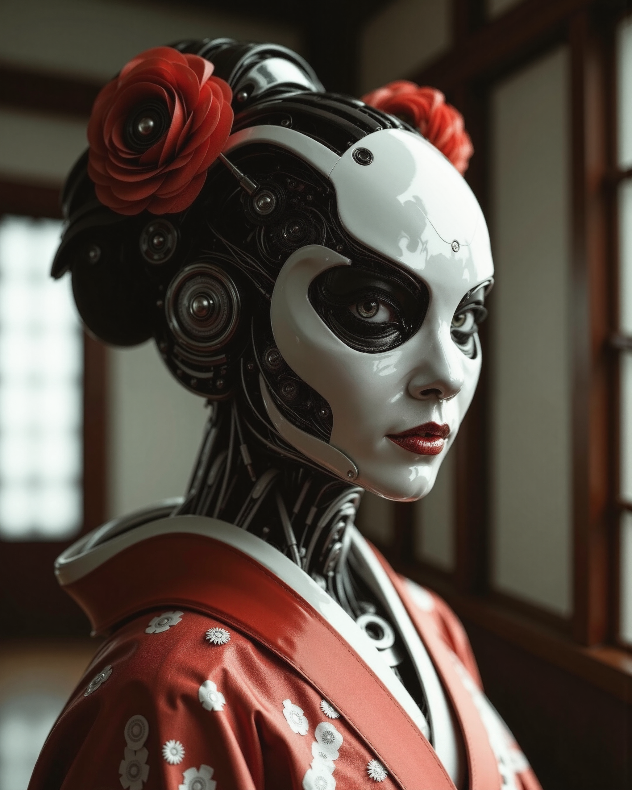 in the style of ckrcc, woman Geisha is an android, the plastic cyborg mask is open, turns head towards camera, the mechanical parts of the robot are visible inside, the android is very sinister and dangerous, from the epic movie Ghost in Armor, erie japanese teahouse background