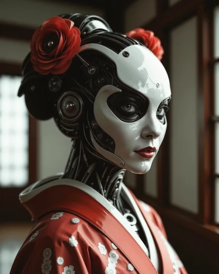 in the style of ckrcc, woman Geisha is an android, the plastic cyborg mask is open, turns head towards camera, the mechanical parts of the robot are visible inside, the android is very sinister and dangerous, from the epic movie Ghost in Armor, erie japanese teahouse background
