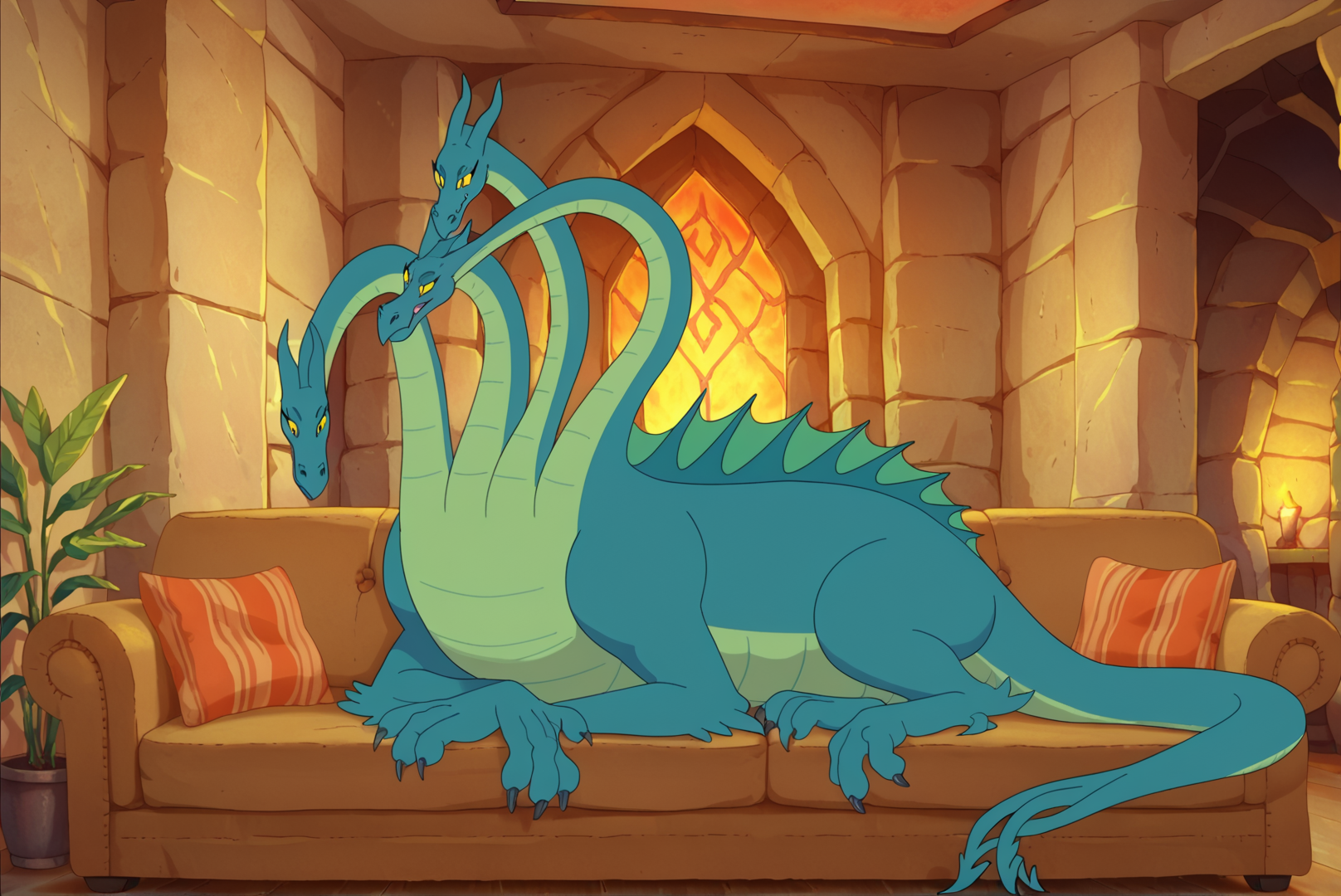 score_9, score_8_up, score_7_up, score_6_up, Detailed Background, BREAK
<lora:Camille_the_Hydra_Krapopolis:0.8>, Camille, Hydra, Multiple heads, Dragon, BREAK
Living room, couch, detailed background,
