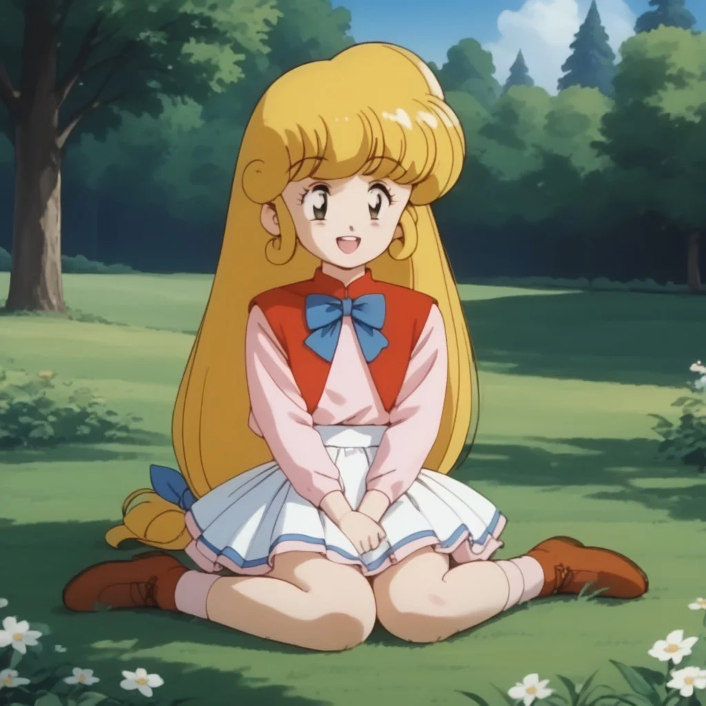 score_9, score_8_up, score_7_up, BREAK, solo, female child, adorable, marybell, long hair, blonde hair, low-tied long hair, skirt, bow, open smile, retro style, sitting, grass, trees, sunlight, shadows, natural lighting,