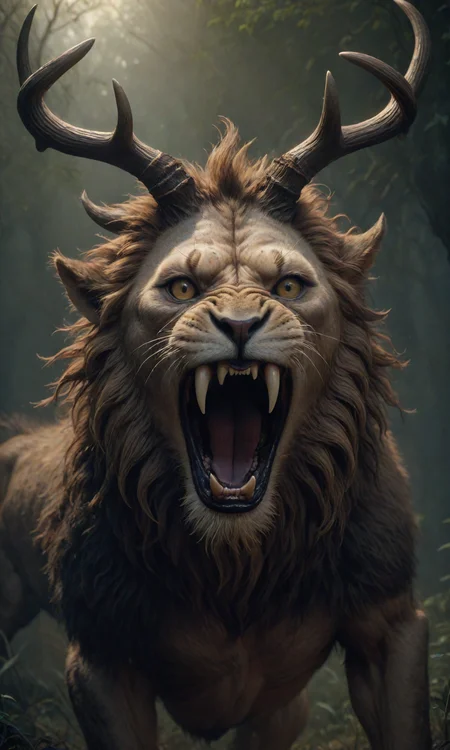 A creature that looks like a man, with the body and eyes of a lion. She has two horns on her head and an open mouth full of antlers in the style of ZdzisÅaw BeksiÅski 4k photorealistic, unreal engine 5, masterpiece, trending on artstation, cgstudio lighting, cinematic, dramatic, <lora:Fast:0.69>