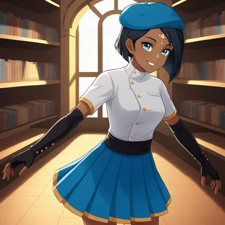 score_9, score_8_up, score_7_up, score_6_up, score_5_up, score_4_up, zPDXL2,source_anime,rating_questionable, looking at viewer, mature woman, cowboy shot, smile, god-rays, library, <lora:Ciel_Soleil_-_RWBY:0.8>Ciel_RWBY, blue eyes, beret, short hair, forehead jewel, dark-skinned female, black hair, fingerless gloves, white shirt, short sleeves, pleated skirt, black gloves, blue skirt, elbow gloves