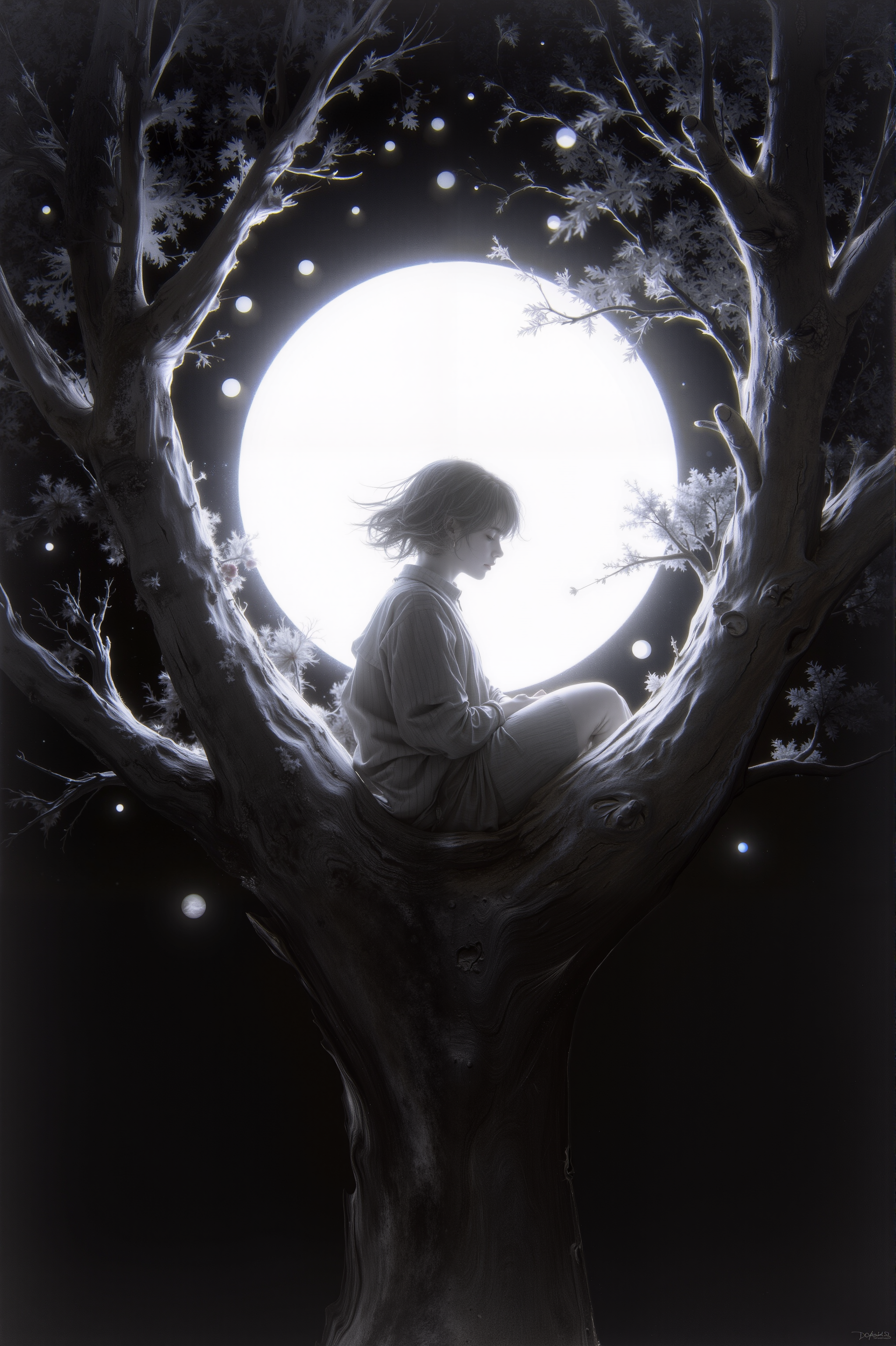 This is a digital drawing with a high-contrast, black-and-white aesthetic, featuring a child sitting on a tree branch. The child, who appears to be a young girl, is centrally positioned in the image. She is facing away from the viewer, with her back towards the camera, she is wearing a long-sleeved shirt and pants. The tree branch she is sitting on is thick and sturdy, and it curves slightly, forming a natural seat. 
The background is dominated by a large, circular light source, which creates a halo effect around the child, casting her in silhouette. This light source is surrounded by numerous small, white orbs, giving the impression of stars or fireflies in the night sky. The branches of the tree extend upwards and outwards, creating a natural frame for the scene. The texture of the tree bark is rough and detailed, contrasting with the smooth, almost ethereal quality of the light source.
 serene and dreamlike, with a strong emphasis on light and shadow.
