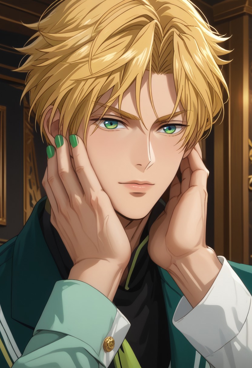 score_9, score_8_up, score_7_up, source_anime, rating_safe, Satobey, 1boy, male focus, anime screencap, green fingernails, hands with five fingers, touching own face,