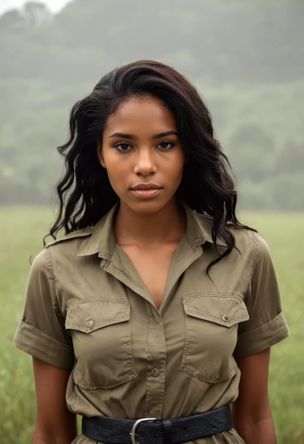 sdxl_lenruadi, cinematic photograph photo , wearing a khaki safari shirt with a belted waist, eyeliner, makeup, perfect goddess loc hair, in morning mist, romantic countryside styling with flowing garments and nostalgic atmosphere