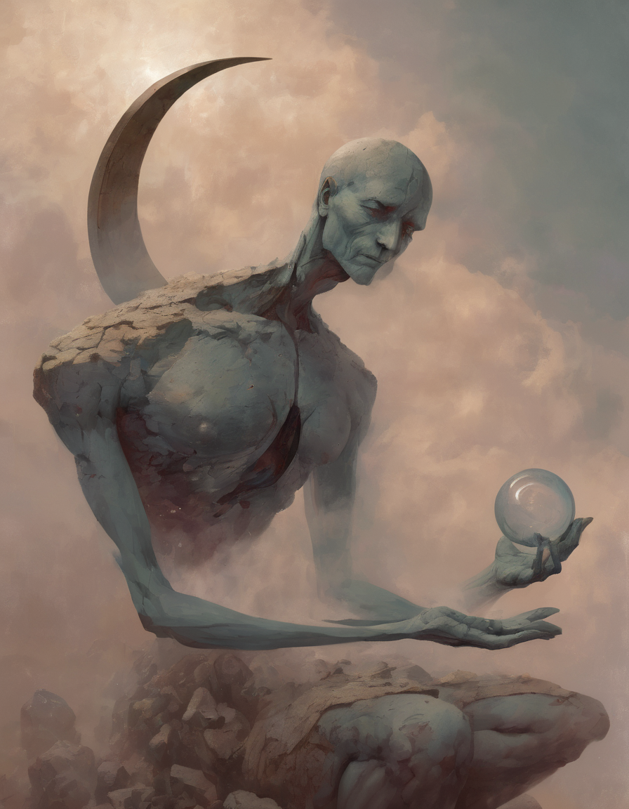 <lora:ptm0-000007:0.8>ptm0 a painting of a man with a head made out of a half moon three pointed stone with floating orbs levitating around him pressing his palms together with thin insect like body made out of thin flexible rocks, muted colors, light shining from behind, abstract, surreal, beksinkski, horror, dark art,  floating in the air, Bastien L. Deharme, magic the gathering artwork, an ultrafine detailed painting, altermodern