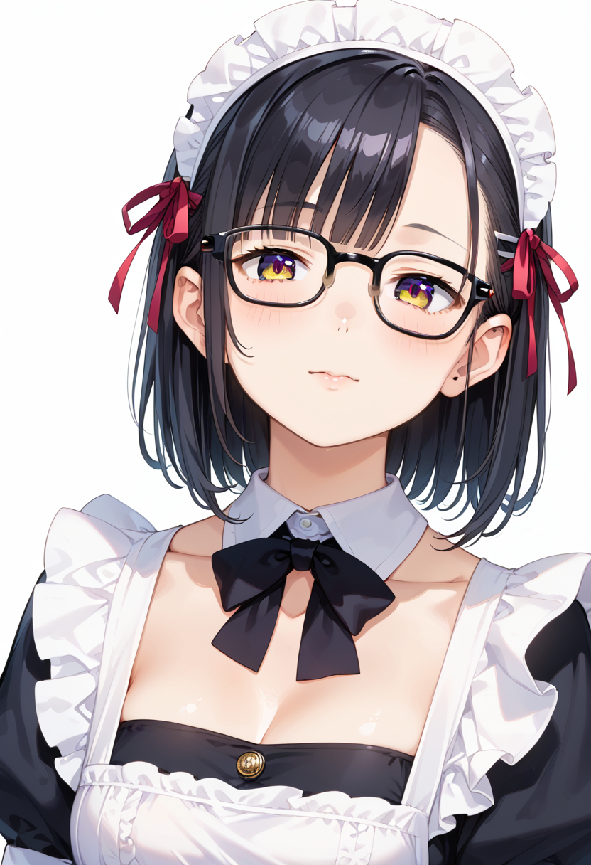 score_9, score_8_up, score_7_up, rating_safe, masterpiece, best quality, absurdres, unity 8k wallpaper, official art, official style, source_anime, uncensored, game cg, megami magazine,
1girl, solo, black hair, medium hair, upper body, covered eyes,maid, maid headdress, black dress, maid apron, face focus,
Wellington24S, glasses, white background, simple background, black-framed eyewear
 <lora:glasses_Wellington24S_PONY_V1:1>