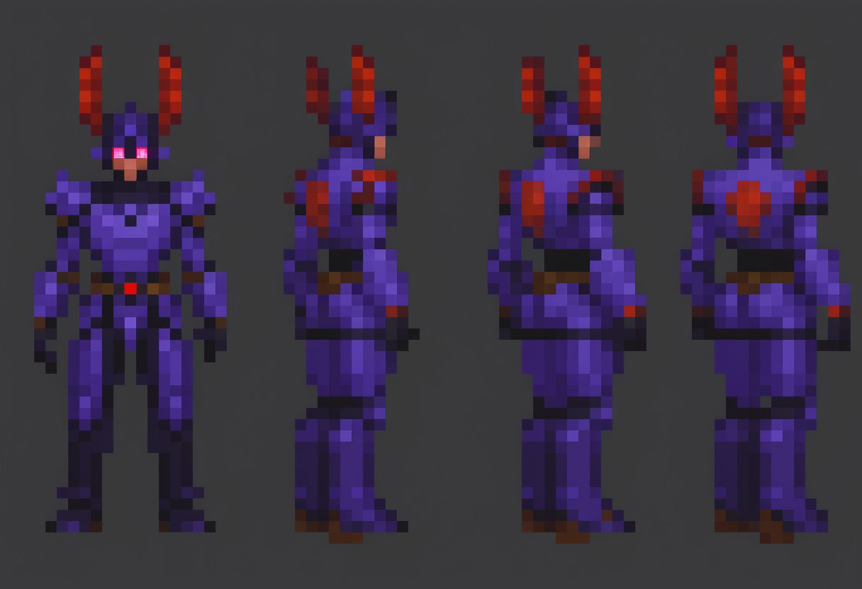 "16-bit style pixel art sprite sheet of a humanoid bug alien with dark purple armor segments, black underlying.
The character has large red, compound-like eyes, two antennae, and smooth, rounded armor on shoulders, chest, and forearms.
He wears a utility belt with a central red gem. Boots and gloves are sturdy, and purple
create multiple poses for idle, walk, run, jump, and attack. Keep details crisp and colors vibrant, suitable for a retro game.
Pixel Art, PixArFK, charturnerv2, osamushou, snes style, Rockmegamen