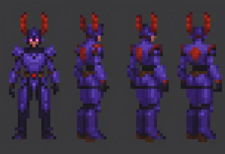 "16-bit style pixel art sprite sheet of a humanoid bug alien with dark purple armor segments, black underlying.
The character has large red, compound-like eyes, two antennae, and smooth, rounded armor on shoulders, chest, and forearms.
He wears a utility belt with a central red gem. Boots and gloves are sturdy, and purple
create multiple poses for idle, walk, run, jump, and attack. Keep details crisp and colors vibrant, suitable for a retro game.
Pixel Art, PixArFK, charturnerv2, osamushou, snes style, Rockmegamen