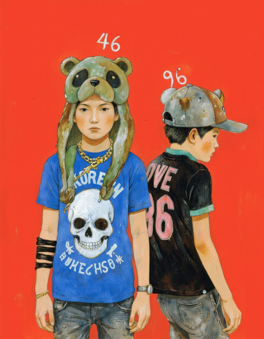 By Taiyo Matsumoto. A digitally drawn illustration in a manga style, featuring two young Asian boys against a solid red background. The boy in the foreground is wearing a large, green, cartoonish bear hat with black eyes and a blue t-shirt with a white skull and Korean text. He has a stern expression and is wearing a gold chain around his neck. His left arm is adorned with a black wristband, and he has a watch on his right wrist. The number "46" is written in white above his head.
The boy in the background is wearing a black shirt with a green collar and the word "LOVE" written in pink. He has a neutral expression and is looking down, appearing slightly sad or tired. His hat is similar to the bear hat, but with a different color scheme. The number "96" is written above his head in white. Both boys have short black hair and dark skin tones.
The artwork is detailed with fine lines and vibrant colors, emphasizing the contrast between the red background and the characters' attire. The style is characterized by bold, expressive lines and a mix of humorous and serious elements. <lora:Taiyo_Matsumoto-000008:1>