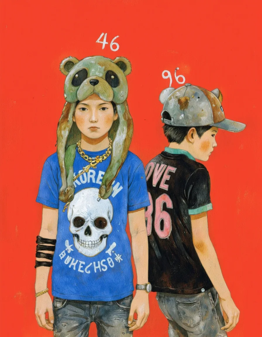 By Taiyo Matsumoto. A digitally drawn illustration in a manga style, featuring two young Asian boys against a solid red background. The boy in the foreground is wearing a large, green, cartoonish bear hat with black eyes and a blue t-shirt with a white skull and Korean text. He has a stern expression and is wearing a gold chain around his neck. His left arm is adorned with a black wristband, and he has a watch on his right wrist. The number "46" is written in white above his head.
The boy in the background is wearing a black shirt with a green collar and the word "LOVE" written in pink. He has a neutral expression and is looking down, appearing slightly sad or tired. His hat is similar to the bear hat, but with a different color scheme. The number "96" is written above his head in white. Both boys have short black hair and dark skin tones.
The artwork is detailed with fine lines and vibrant colors, emphasizing the contrast between the red background and the characters' attire. The style is characterized by bold, expressive lines and a mix of humorous and serious elements. <lora:Taiyo_Matsumoto-000008:1>