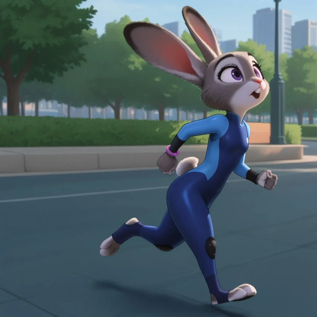 masterpiece, best quality, amazing quality, hoppsJudyztIL, anthro, female, bunny, grey fur, purple eyes, rabbit ears, rabbit tail, rabbit girl, buck teeth, running, in a park, bracelet, blue Workout Bodysuit