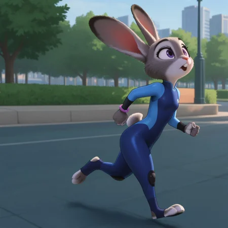 masterpiece, best quality, amazing quality, hoppsJudyztIL, anthro, female, bunny, grey fur, purple eyes, rabbit ears, rabbit tail, rabbit girl, buck teeth, running, in a park, bracelet, blue Workout Bodysuit