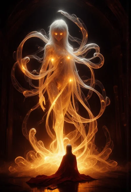 An ethereal, glowing, ghostly, otherworldly presence of a woman like creature, with glowing silver strands of metallic hair, softly glowing in a dimly lit room. She has no skin, she is made up of ethereal tendrils of smoke, glowing plasma, light and mist that undulating and shifts, as if she exists between worlds, with soft, shimmering edges blending into the shadows. Her eyes are deep and luminous orbs, filled with warmth and mystery, as she gazes directly at you, her lips curved in something resembling a gentle, knowing smile. She is wrapped in a glowing, linen shroud. The room is bathed in a soft, mystical glow, with faint, swirling patterns of ethereal light surrounding her, adding to her supernatural allure. Floating through space. There is also a small woman in the room, with dark hair and dressed in a flowing red robe, looking up at the larger than life ethereal creature and basking in her glow.