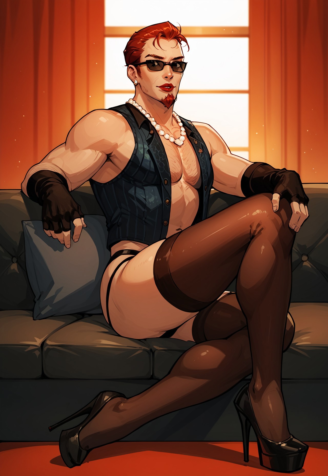 safe_pos, score_9, score_8_up, score_7_up, source_cartoon, solo, 1boy, post@l_dude, red hair, red goatee, black glasses, red lips, necklace, vest, thigh highs, fingerless gloves, thong, heels, sitting on sofa, club,