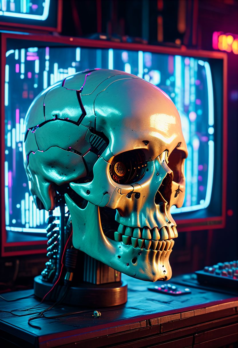 dzktxez, a realistic scene of a cyberpunk skull being shown on the TV, behind screen, extremely detailed, cyberpunk theme, retro futurism, 128k, ultra HD, ultra HD, realistic 8K raw photography, prismatic sci fi inspired DSLR photography, HDR, UHD, 64K, vivid details, vibrant colors, natural lighting, volumetric lighting, bokeh, extremely detailed, cyberpunk theme, retro futurism, 128k, world morph, cinematic lighting, best quality, official photography, masterpiece