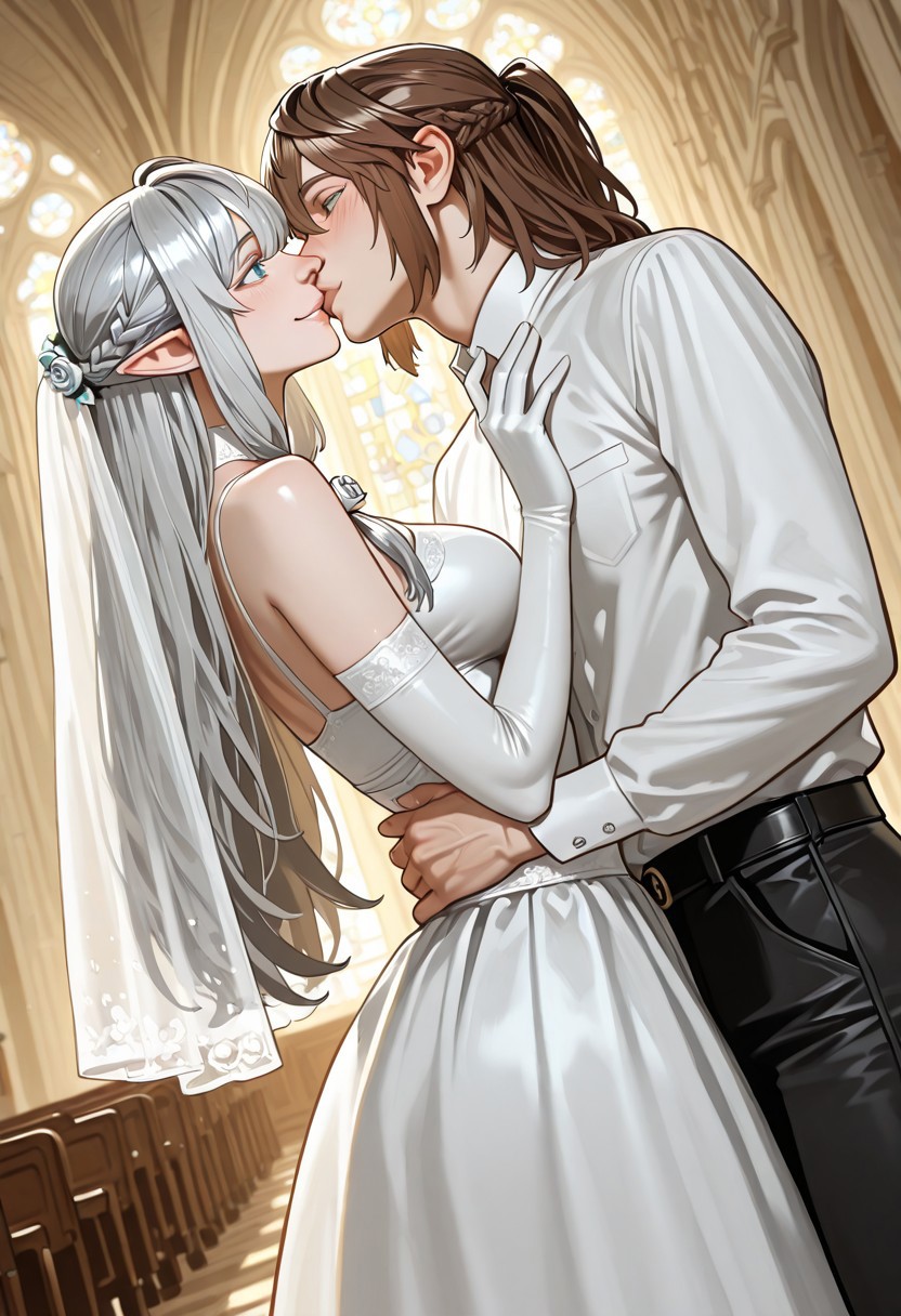 1 girl, 1boy, hetero, Kissing, cute, horny, summer dress, smiling, clothed girl, bride, wedding dress, wedding veil, white wedding gloves), boy shy, black pants, white shirt), kissing, church, perfect eyes, side view, identical height, beautiful face, 
<1girl, <lora:Tessia_Eralith__The_Beginning_After_the_End__Illustrious_v1-000008:1>,
elf, pointy ears, green eyes, grey hair, silver hair, braid, side braid, french braid, hair bettween eyes, bangs, long hair, ahoge,
BREAK  <((((1boy)))), <lora:Arthur_Lewin__The_Beginning_After_the_End__Illustrious:1>,
Arthur, not elf, human male, normal ears, human ears, brown hair, blue eyes,
masterpiece, best quality, amazing quality,
<lora:Detailer_NoobAI_Incrs_v1:0.75>, masterwork, masterpiece, best quality, dynamic lighting , dynamic pose,,  dynamic angle, , ,  (lineless:1.2), detailed, depth of field, dynamic lighting, blurry, (cheekbones:0.85), (realistic:1.2)
adult, aged up,, ultra-HD, cinematic lighting, photorealistic, (impressionism:1.5), high detail  ,masterpiece, best quality, very aesthetic, 8k, perfect eyes