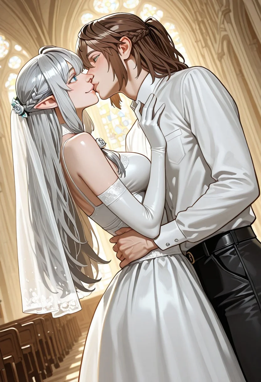 1 girl, 1boy, hetero, Kissing, cute, horny, summer dress, smiling, clothed girl, bride, wedding dress, wedding veil, white wedding gloves), boy shy, black pants, white shirt), kissing, church, perfect eyes, side view, identical height, beautiful face,
<1girl, <lora:Tessia_Eralith__The_Beginning_After_the_End__Illustrious_v1-000008:1>,
elf, pointy ears, green eyes, grey hair, silver hair, braid, side braid, french braid, hair bettween eyes, bangs, long hair, ahoge,
BREAK <((((1boy)))), <lora:Arthur_Lewin__The_Beginning_After_the_End__Illustrious:1>,
Arthur, not elf, human male, normal ears, human ears, brown hair, blue eyes,
masterpiece, best quality, amazing quality,
<lora:Detailer_NoobAI_Incrs_v1:0.75>, masterwork, masterpiece, best quality, dynamic lighting , dynamic pose,, dynamic angle, , , (lineless:1.2), detailed, depth of field, dynamic lighting, blurry, (cheekbones:0.85), (realistic:1.2)
adult, aged up,, ultra-HD, cinematic lighting, photorealistic, (impressionism:1.5), high detail ,masterpiece, best quality, very aesthetic, 8k, perfect eyes