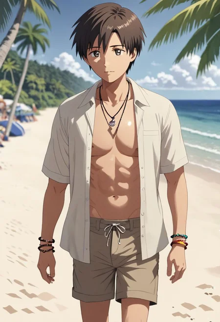 high resolution, solo, best quality, 1Boy, Takaki Toono, Brownish Hair, Brown Eyes, shallow depth of field, beach, open shirt, shorts, sixpack, necklace, bracelet, coconut tree, OverallDetail