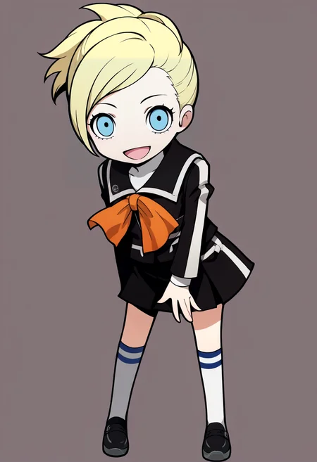 score_9, score_8_up, score_7_up, source_anime, BREAK, solo, 1girl, looking at viewer, smile, open mouth, <lora:PQ-Style-pdxl_Fp:1>, simple background, full body, chibi, standing, <lora:zs_LisaXL:1>, lisap2, blonde hair, short hair, ponytail, blue eyes, school uniform, long sleeves, orange ribbon, skirt, knee socks,