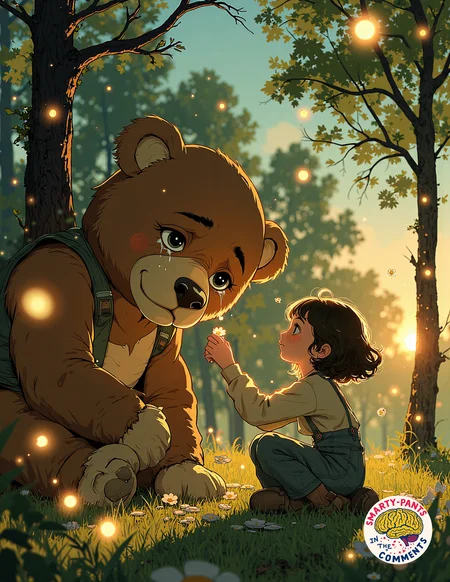 In a softly lit, dreamlike park at twilight, a young child kneels beside a weeping, oversized stuffed bear with button eyes. The bear, visibly distressed, has lost one of its button eyes, which now lies on the ground. The child, with a gentle expression, carefully sews a new button in place, their hands glowing faintly as if their kindness itself has a magical effect. The moment the repair is complete, the bear springs to life, radiating warmth and joy. Fireflies swirl around them, illuminating the grass in golden hues. The art style is anime with a fantasy touch, using soft pastel colors and delicate lighting to emphasize the warmth of kindness.