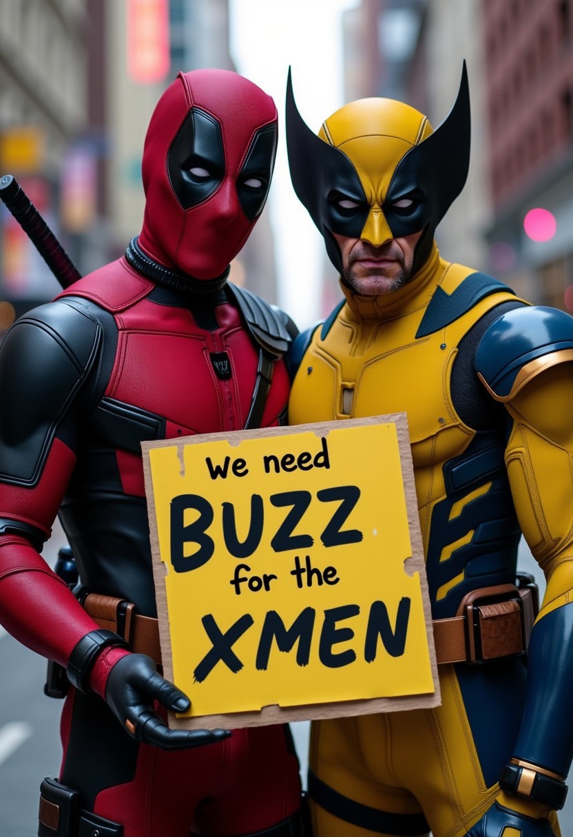Deadpool and Wolverine, cinematic, 4k, depth of field,wolverine holds a big sign that says "we need BUZZ for the xmen"