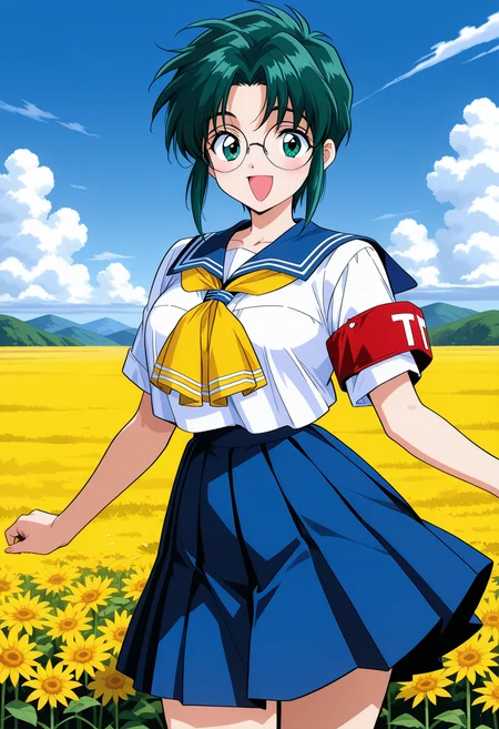 furutachi_ichiko, green eyes, green hair, short hair, round eyewear, school uniform, serafuku, blue sailor collar, yellow neckerchief, short sleeves, pleated skirt, blue skirt, <lora:asuka120_furutachi_ichiko_illustrious_ver1:0.8>
smile, open mouth, armband,, masterpiece, best quality, sensitive,, 1girl, solo, (field:1.2), (blue sky:1.2), looking at viewer,, (cowboy shot, dynamic pose:1.4),