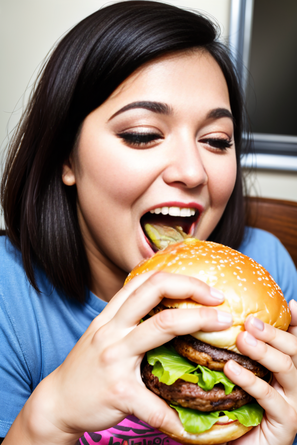 (Realisitc:1.5) gluttony, realistic, burger, looking to the side, open mouth, holding spoon, pov across table, t-shirt, apple, gluttony, eyeshadow, <lora:EdobGluttony_v1.0:0.8>