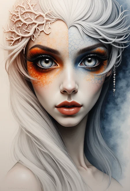 , **Watercolor Fantasy**
A woman with a dynamic pose, her slender figure twisted in a flowing arc as if defying gravity. Her eyes are the focal point, two pools of hypnotic orange, light blue, and silver swirling together like a vortex, each pupil varying in size to convey an emotional intensity. The whites of her eyes are minimal, adding to their mystique. Her face is a canvas of serenity, delicacy, and ethereal beauty, yet it's tempered by chaotic asymmetry, giving the impression that her emotions are on the cusp of overflowing.
Her hair flows like shimmering white mycelium, fluid and dynamic as it frames her face. A high lace gown drapes over her curves, intricate patterns weaving together to create a sense of fragility and wonder.
The lighting is dramatic, casting shadows that accentuate the contours of her face and drawing attention to those mesmerizing eyes. The background fades into a soft gradient, creating an atmosphere of mystery and dreamlike reverie.