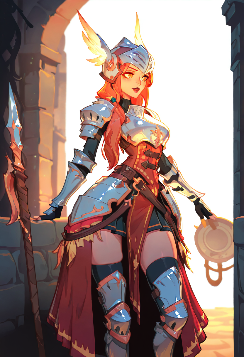 <lora:Mobile_Game_Collection_-_Mad_Tale_Style:1> madtalestyle, woman, fantasy settings, rpg hero, <lora:Valkiria_XL:0.7> valkiria, winged helmet, wearing plate armor and a skirt, 1girl, orange eyes, Copper hair, subsurface scathering, depth of field, skin pores, detailed skin, masterpiece, best quality, newest, absurdres, highres, feeling, impact, very awa, dim lighting, sidelighting, skindentation, amazing quality, scenery, very aesthetic, newest, volumetric lighting, blending, <lora:add-detail-xl:1> <lora:cfg_scale_boost:1> <lora:sdxl_enhance:1> <lora:spo_sdxl_10ep_4k-data_lora_webui:1>, intricate detail, extremely detailed