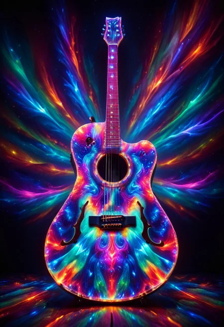 An epic photo of a a (kaleidoglass:1.3) guitar, masterpiece, best quality, highly detailed, sharp focus, dynamic lighting, flux-style, morph-aurora,