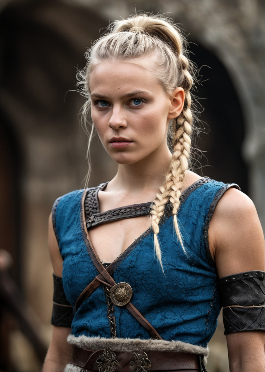 hyperrealistic, glamorous photo, masterpiece, dramatic angle, best quality,
Viking, porunn from the TV series Vikings, Gaia Weiss, 25yo, blonde hair, long hair, sidecut hair, small braided pigtails, blue eyes, slim, large breasts, scar on the face,, dirty skin, detailed outfit, warrior pose, detailed background from the Viking TV series, high fashion, luxurious, extravagant, stylish, sensual, opulent, elegance,
professional, high contrast, bright colors, best lighting, intricate details, (high quality texture), (sharp), (artistic image), 8K, detailed, dynamic, depth of field,