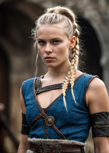 hyperrealistic, glamorous photo, masterpiece, dramatic angle, best quality,
Viking, porunn from the TV series Vikings, Gaia Weiss, 25yo, blonde hair, long hair, sidecut hair, small braided pigtails, blue eyes, slim, large breasts, scar on the face,, dirty skin, detailed outfit, warrior pose, detailed background from the Viking TV series, high fashion, luxurious, extravagant, stylish, sensual, opulent, elegance,
professional, high contrast, bright colors, best lighting, intricate details, (high quality texture), (sharp), (artistic image), 8K, detailed, dynamic, depth of field,