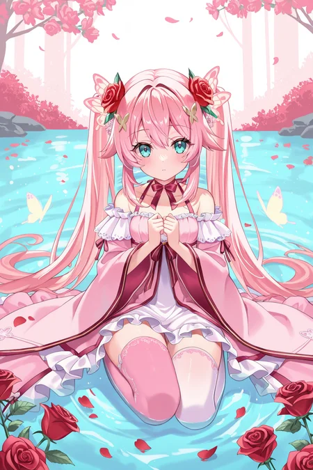 <lora:Kumokoneko:1>, Kumokoneko, 1girl, solo, thighhighs, butterfly, flower, long hair, bug, pink hair, hair ornament, hair flower, twintails, rose, looking at viewer, dress, white thighhighs, very long hair, petals, pink dress, water, wide sleeves, ribbon, aqua eyes, red flower, red rose, pink thighhighs